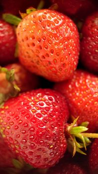 A handful of ripe juicy strawberries selective focus close-up.Macrophotography.Texture or background. Selective focus.