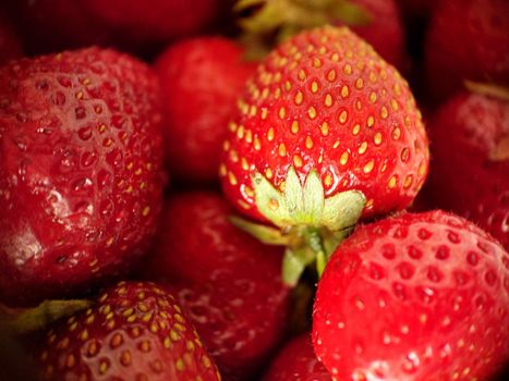 Red large strawberry berry selective focus close-up.Macrophotography.Texture or background. Selective focus.