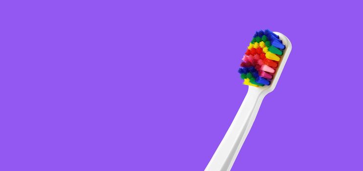 White toothbrush with multicolored bristles on royal purple background. Bristles in all colors of the rainbow. Rainbow toothbrush with white knob. Fashionable oral care.
