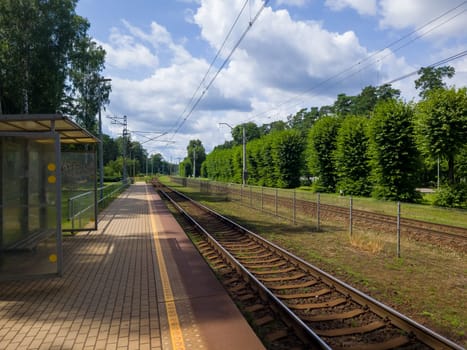 Railway station from above. Reconstructed modern railway infrastructure. The way forward railway for train. Empty Railway track. Transportation