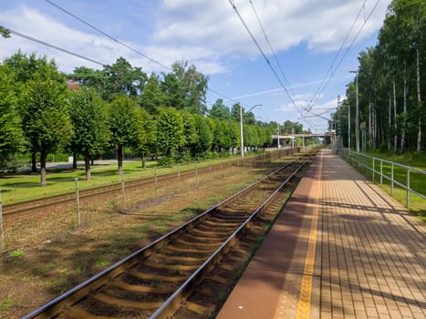 Railway station from above. Reconstructed modern railway infrastructure. The way forward railway for train. Empty Railway track. Transportation