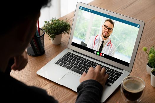 Doctor video call online by modish telemedicine software application for virtual meeting with patient
