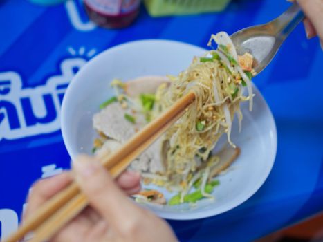 Dried egg noodles with pork without soup Asian food style