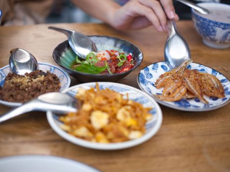 Rice gruel and side dish . Concept breakfast THAI STYLE