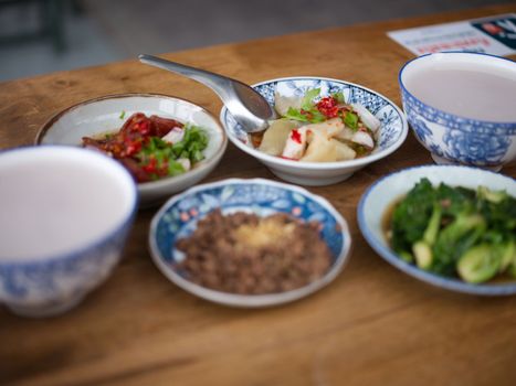 Rice gruel and side dish . Concept breakfast THAI STYLE