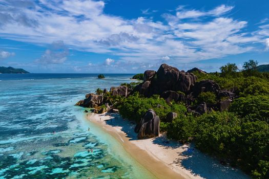 Anse Source d'Argent beach, La Digue Island, Seychelles, Drone aerial view of La Digue Seychelles bird eye view.of tropical island