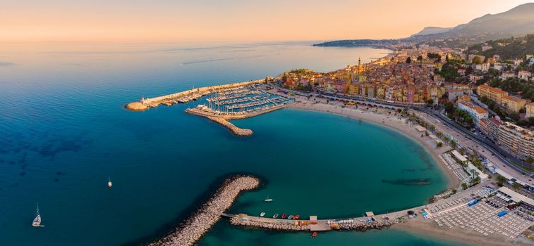 Menton France colorful city View on old part of Menton, Provence-Alpes-Cote d'Azur, France. drone view at Menton town