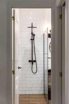 Looking at shower area in bathroom through doorway in hallway. White brick walls with paint reflecting bright light from lamps from ceiling. On wall is black metal faucet and glass railing on side