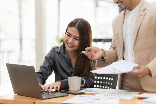Business team hands at working with financial plan, meeting, discussion, brainstorm with tablet on office desk, Meeting concept.