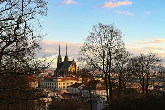 Brno city in the Czech Republic. Europe.Petrov - Cathedral of Saints Peter and Paul. Beautiful old architecture and a popular tourist destination. Landscape in winter.