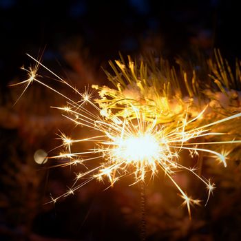 Christmas background. A sparkler on a Christmas tree in the evening outside with snow. Concept for winter season, holidays and new year 2023.