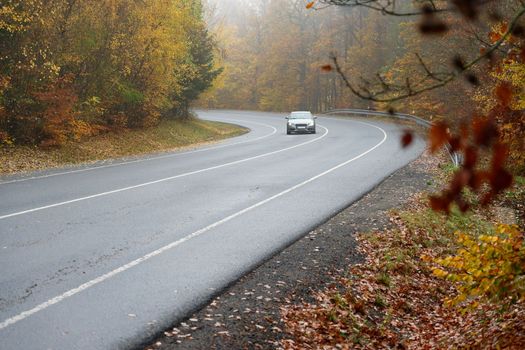 Road in autumn. Foggy and dangerous car driving in the winter season. Bad weather with rain and traffic on the road. Concept for traffic and road safety.