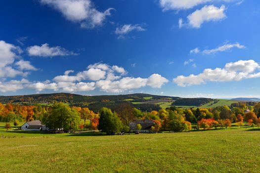 Beautiful autumn nature with landscape in the Czech Republic. Colorful trees with blue sky and sun. Background for fall and environment.