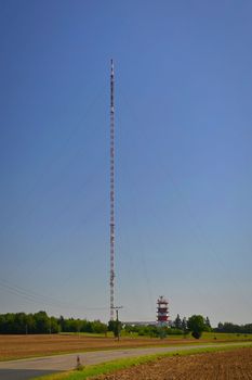 Kojal television, radio and internet broadcaster. 340 meter high moored mast. Concept for modern technology and industry. Kojal - Czech Republic.