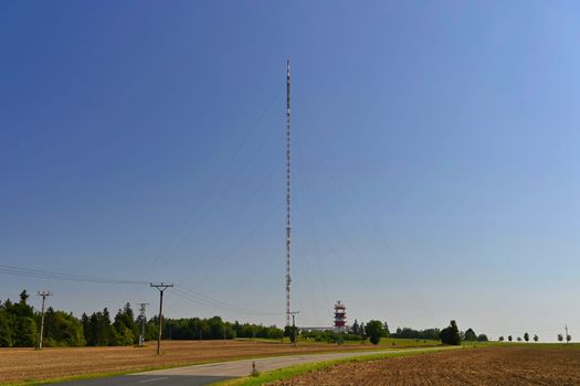 Kojal television, radio and internet broadcaster. 340 meter high moored mast. Concept for modern technology and industry. Kojal - Czech Republic.