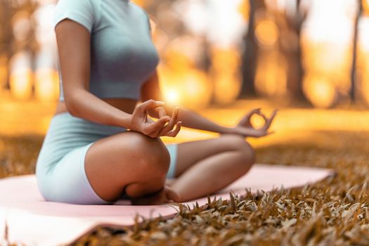 Attractive Asian woman in sportswear practicing yoga in the outdoor park.