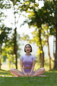Attractive Asian woman in sportswear practicing yoga in the outdoor park.