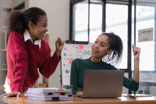 Two Black Business women at casual meeting room discussing and brainstorm idea about marketing. Business consult concept.