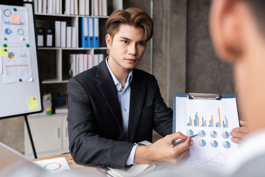 Business advisers are gathering to assess and debate the issue as it appears on the financial report. Financial counselor, investment consultant, and accounting concept.
