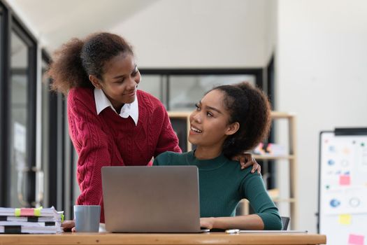 Two Black Girl used laptop for Studying for Exams, Talk in College.