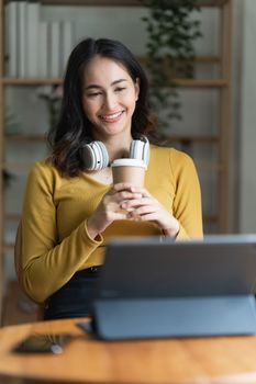 Portrait of asian beautiful young woman happy at home at morning.