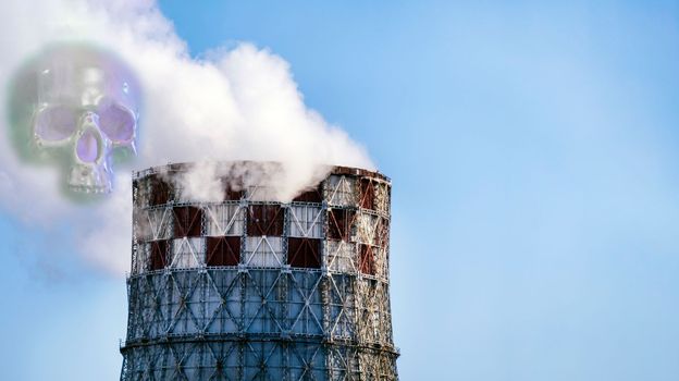 Chemical plant pipe with a toxic smoke moving up pollution atmosphere. Pollution and smoke from chimneys, selective focus