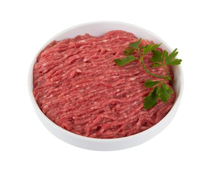 Fresh pork and beef minced meat in bowl isolated on white background
