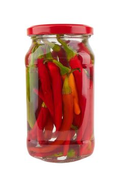 Canned hot peppers isolated on white dackground