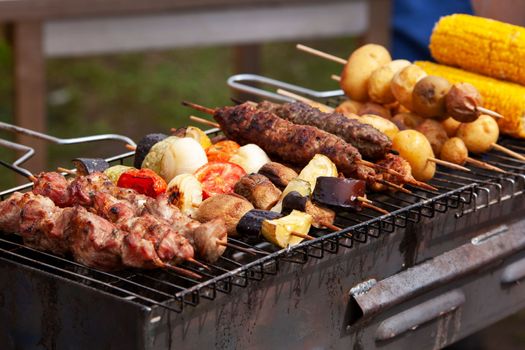 Assorted delicious grilled meat with vegetables over the coals on a barbecue