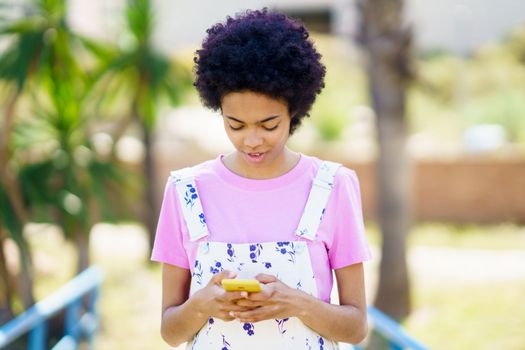 Glad African American female in casual wear scrolling social media on cellphone while standing on street with trees against blurred background