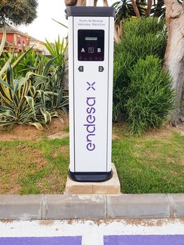 Jerez de la Frontera, Andalusia, Spain. 7th July 2021. Charging point for electric vehicles of the Endesa company located on the street.