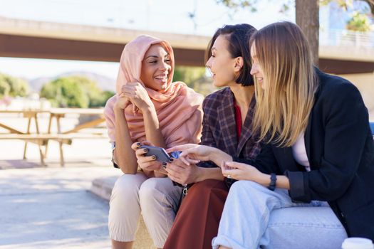 Content young multiracial female best friends, in casual clothes and hijab, smiling while watching video on smartphone sitting on bench in city park on sunny day