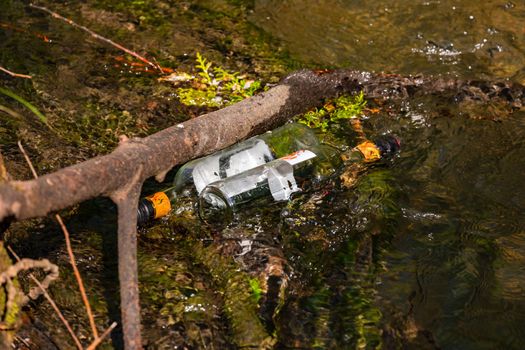 Wine bottles were disposed of in a stream and now pollute the environment