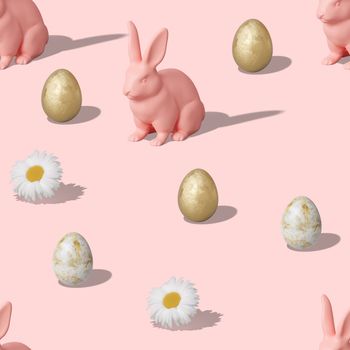 Seamless isometric pattern with Easter eggs, rabbits and flowers on pink background. Trendy design for print, textile, wrapping paper. Hard light. Happy Easter. Seamless texture. 3d render