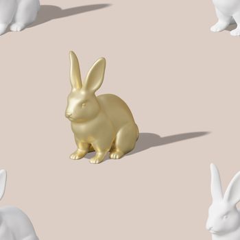 Seamless isometric pattern with golden and white Easter rabbits on beige background. Trendy design for print, textile, wrapping paper. Hard light, shadows. Happy Easter. Seamless texture. 3d render