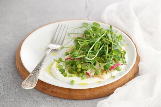 Vegan healthy salad made microgreen sprouts peas, quinoa, radish, mint and yogurt 