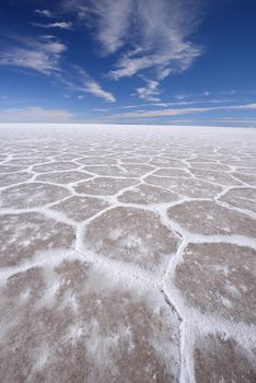 hexagonal pattern from Uyuni salt flat in high altitude desert in bolivia