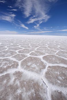 hexagonal pattern from Uyuni salt flat in high altitude desert in bolivia