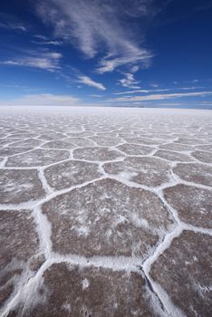 hexagonal pattern from Uyuni salt flat in high altitude desert in bolivia