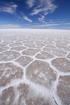 hexagonal pattern from Uyuni salt flat in high altitude desert in bolivia