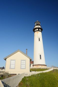 Pigeon Point lighthouse with a blue sky