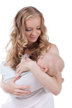 Portrait of mother with baby. Isolated on white