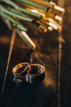Designer wedding rings lying on the surface. Two wedding rings.