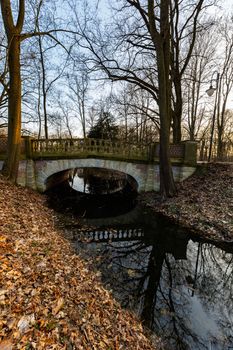 Beautiful colorful park after winter at afternoon reflected in small lake