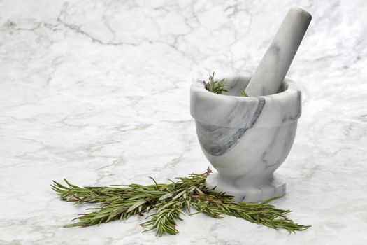 Rosemary herbs and a mortar and pestle on grey and white marble kitchen surface