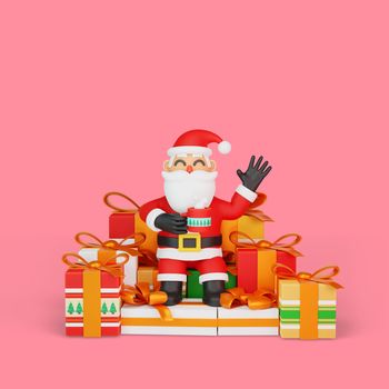 3d rendering of santa sitting relaxed surrounded by gifts