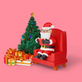 3d rendering of santa relaxing while reading a book