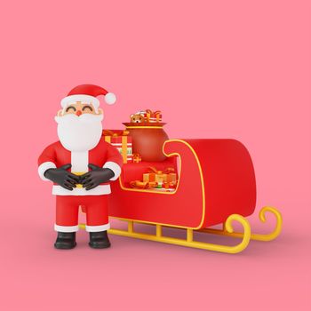 3d rendering of santa pose in front of a sleigh filled with gifts