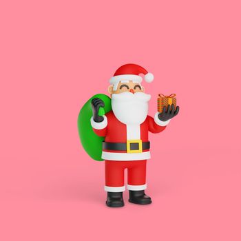3d rendering of santa carrying sack of gifts and small presents