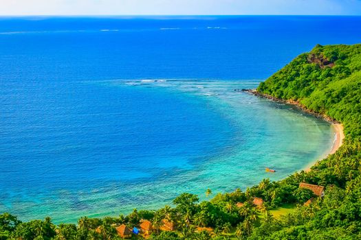 Tropical paradise, sandy beach at summer day in Fiji Islands, Pacific ocean
